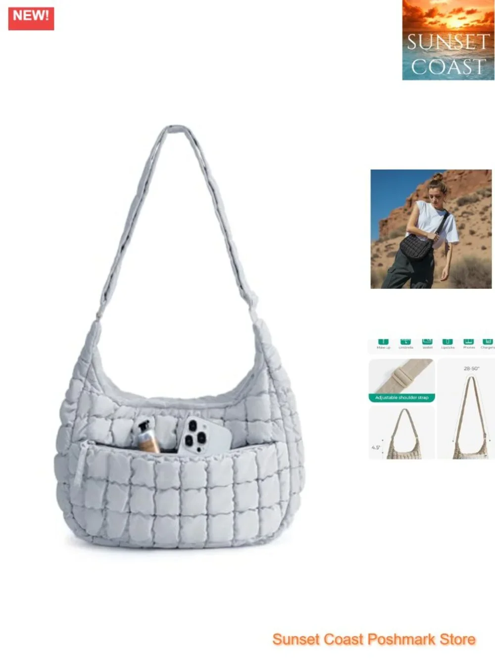 Quilted Hobo Crossbody Purse with Adjustable Strap Fits iPad